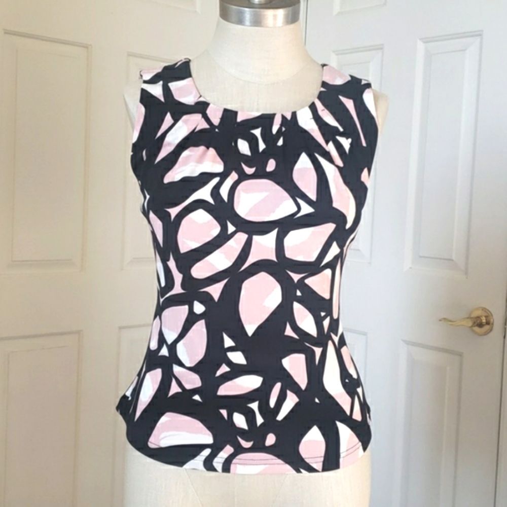 CALVIN KLEIN Pink Black Abstract Silky Sleeveless Blouse Pleated Neck Size P - Picture 2 of 9
